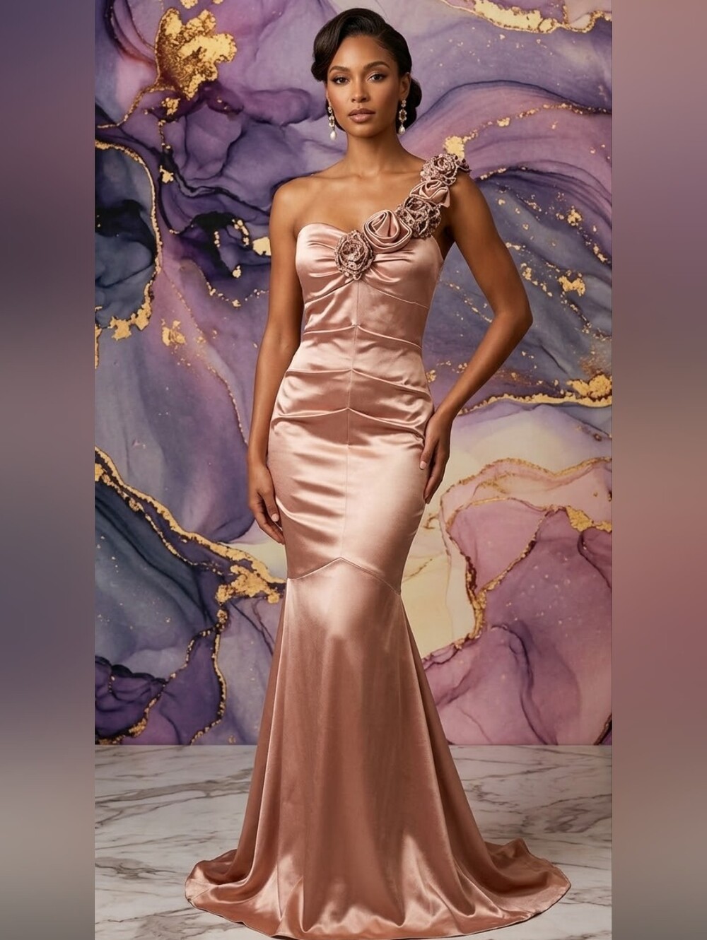 Blondie Nites Rose Gold One Shoulder Gown Lined With Roses